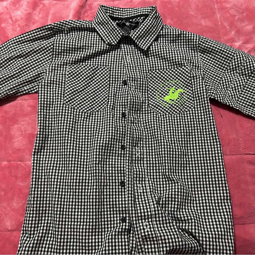 Beverly Hills Polo Club Black and White Gingham Shirt with Green Logo